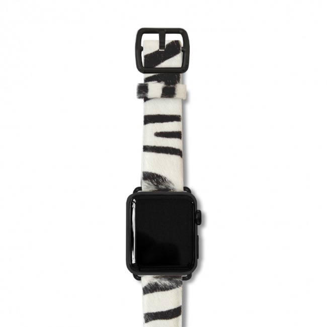 BLack and white stripey cavallino leather apple watch band with a black steel case