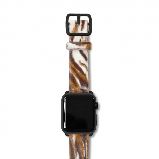 Bengal tiger cavallino leather apple watch band with a black steel case
