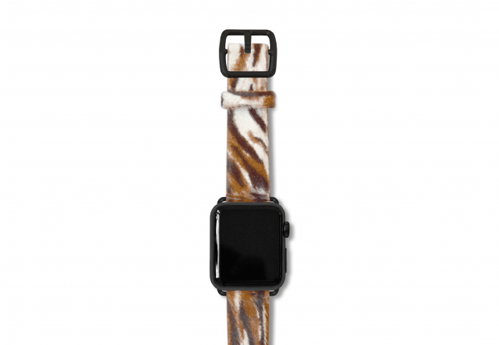 Bengal tiger cavallino leather apple watch band with a black steel case