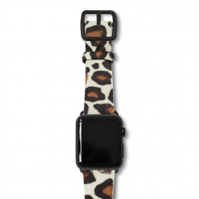 Whitey spotty cavallino leather apple watch band with a black steel case