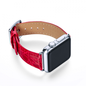 Lava red crocodile leather Apple watch band handmade in Italy with right case
