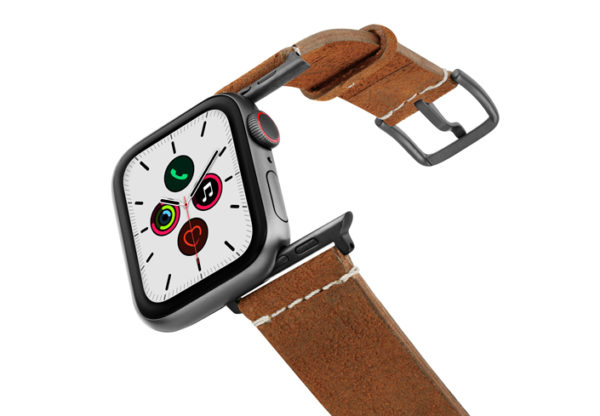 Cordwood-Apple-Watch-brown-heritage-leather-band-on-air-space-grey-adapters