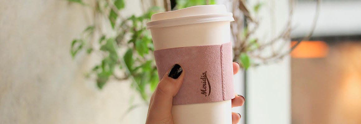 A leather coffee cup sleeve by Meridio