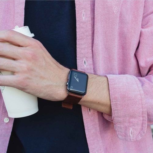 Burnt-Apple-watch-full-grain-dark-brown-leather-band-on-top-of-pink-man-shirt