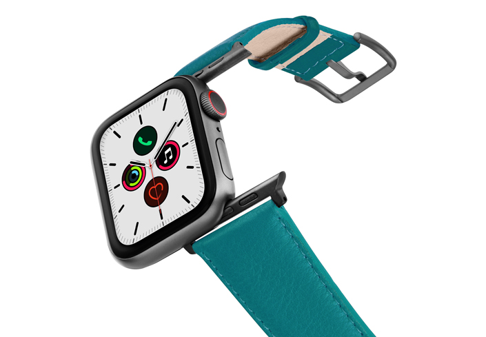 Turquoise-Apple-watch-nappa-band-on-air-space-grey-adapters