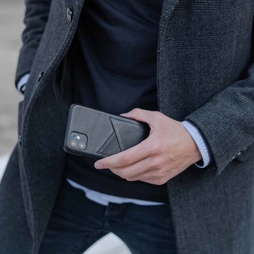 Carbon-Core-iphone11-black-leather-case-for-him-with-a-grey-coat