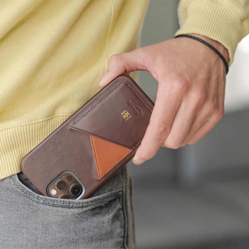 Cigar-iPhone-12-pro-dark-brown-leather-case-kepping-out-from-a-jeans-pocket