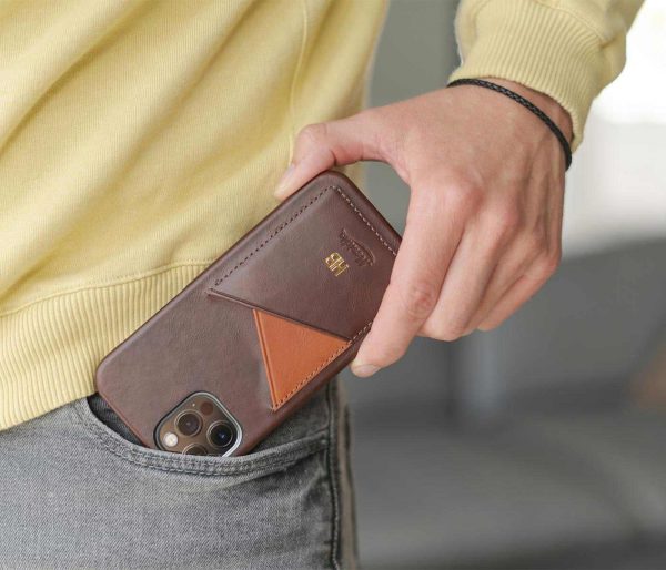Cigar-iPhone-12-pro-dark-brown-leather-case-kepping-out-from-a-jeans-pocket