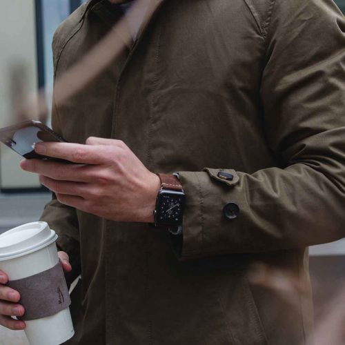 Cottage Chocolate+CoffeoClock-Dark-brown-combo-Apple-leather-accessories-for-him-with-green-jacket