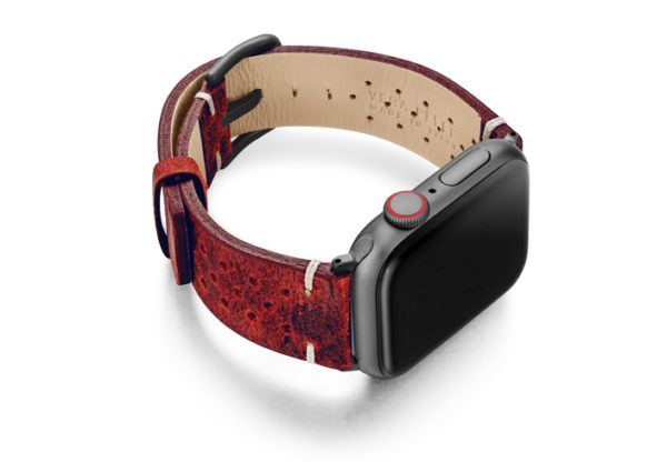 Promise-AW-red-calf-leather-band-with-holes-and-case-on-right