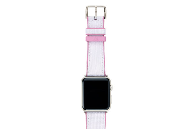 Pink Sand AW white rubber band on top of stainless steel case