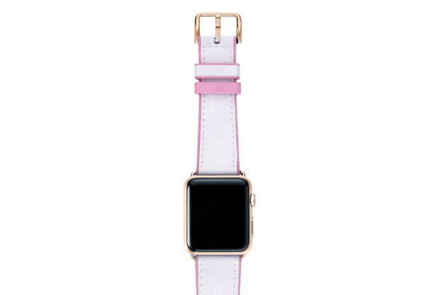 Pink Sand AW white rubber band on top of gold series 3 case