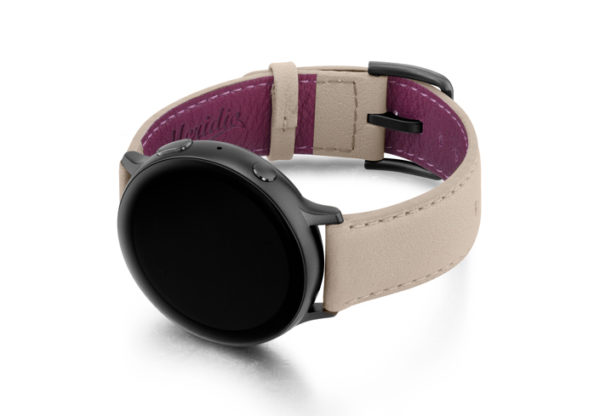 Angel-Whisper-Galaxy-powder-leather-band-with-case-on-left-and-space-grey-buckle