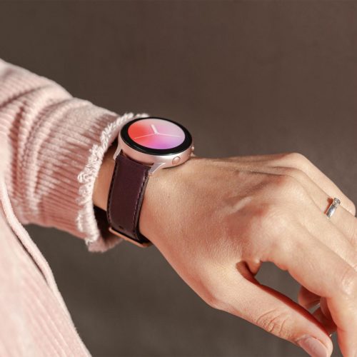 Galaxy-watch-active-burgundy-leather-band-WITH-A-PINK-COAT-for-her