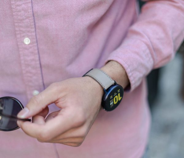 Galaxy-watch-active-grey-leather-band-with-a-pink-shirt-for-him