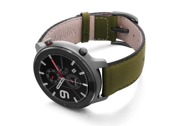 Amazfit-GTR-musk-green-nappa-leather-band-with-display-on-left