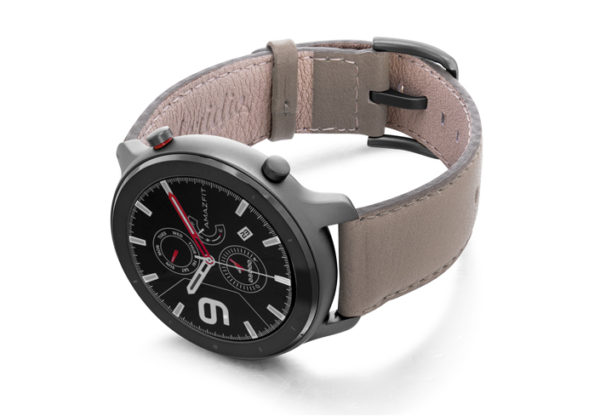 Amazfit-GTR-pottery-grey-leather-band-with-displey-on-left