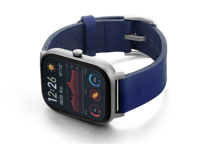 Amazfit-GTS-blue-england-clay-leather-band-with-display-on-left
