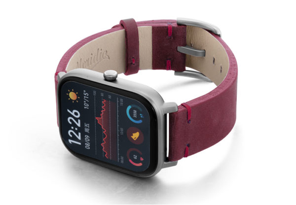 Amazfit-GTS-colonial-red-vintage-leather-band-with-display-on-left
