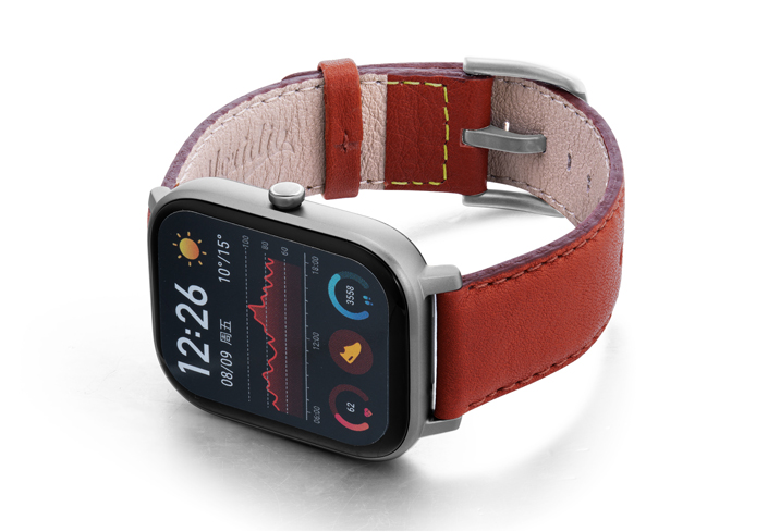 Amazfit-GTS-coral-nappa-leather-band-with-display-on-left