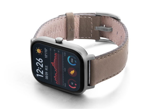 Amazfit-GTS-pottery-grey-nappa-leather-band-with-displey-on-left