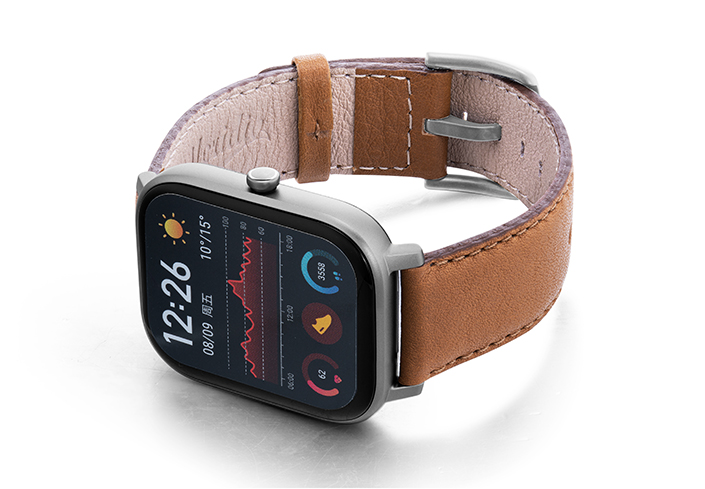Goldstone-Amazfit-GTs-nappa-leather-band-with-display-on-LEFT