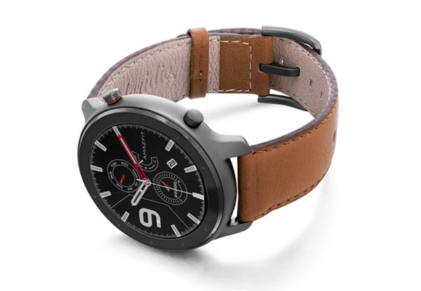 Goldstone-Amazfit-GTR-nappa-leather-band-with-display-on-left