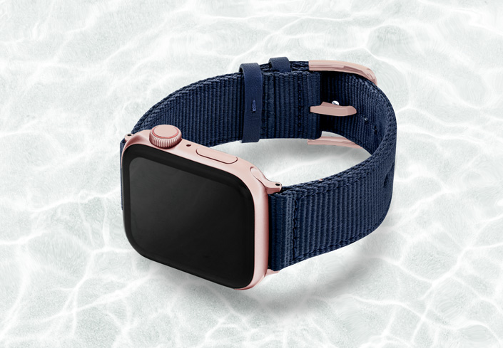 AW-blue-tide-recycled-by-ocean-band-44mm-case-on-left-with-aluminium-rose-gold-adaptors