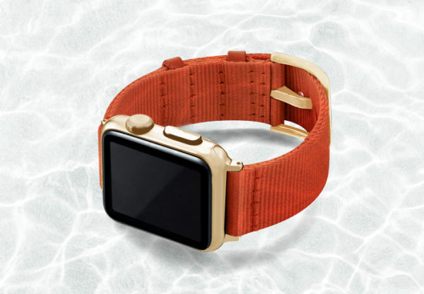 AW-orange-tide-recycled-ocean-plastic-band-40mm-case-on-left-with-stainless-gold-adaptors