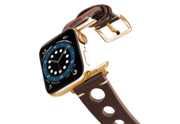 Dark-Brown-AW-urban-leather-band-on-air-stainless-gold-adapters