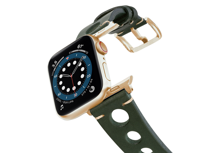 Green-AW-urban-leather-band-on-air-alluminium-gold-adapters