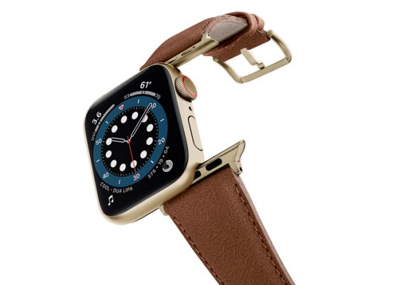 Anurka-Apple-watch-vegan-leather-band-flying-view-stainless-gold-case