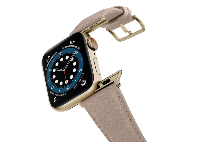 Bisque-Apple-watch-vegan-leather-band-flying-view-STAINLESS-GOLD-CASE