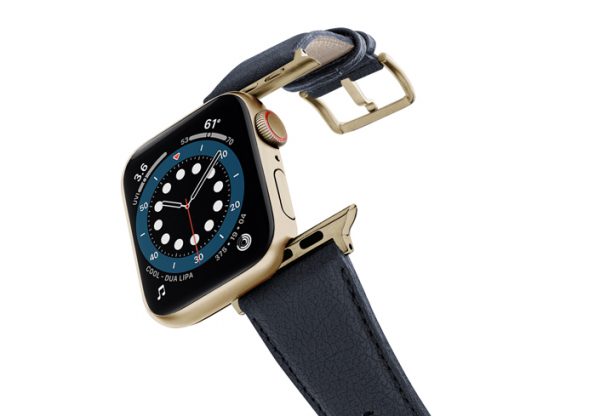 Blue-Cider-Apple-watch-vegan-leather-band-flying-view-stainless-gold-case
