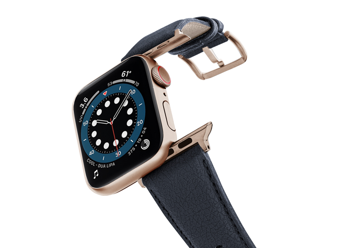 Blue-Cider-Apple-watch-vegan-leather-band-flying-view_alluminium_Gold_Case