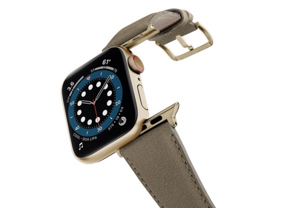 Strudel-Apple-watch-vegan-leather-band-flying-view-stainless-steel-gold-case