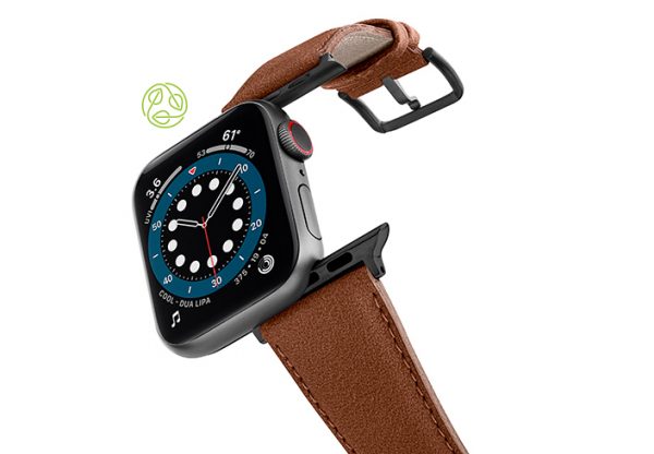 Anurka-Apple-watch-vegan-leather-band-flying-view_Space_grey_case-recycled-green-logo