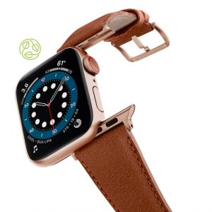 Anurka-Apple-watch-vegan-leather-band-flying-view_alluminium_Gold_Case-recycled-green-logo