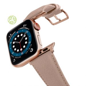 Bisque-Apple-watch-vegan-leather-band-flying-view_alluminium_Gold_Case-recycled-green-logo