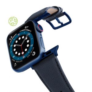 Blue_Cider-Apple-watch-vegan-leather-band-flying-view_Blue_Case-recycled-green-logo