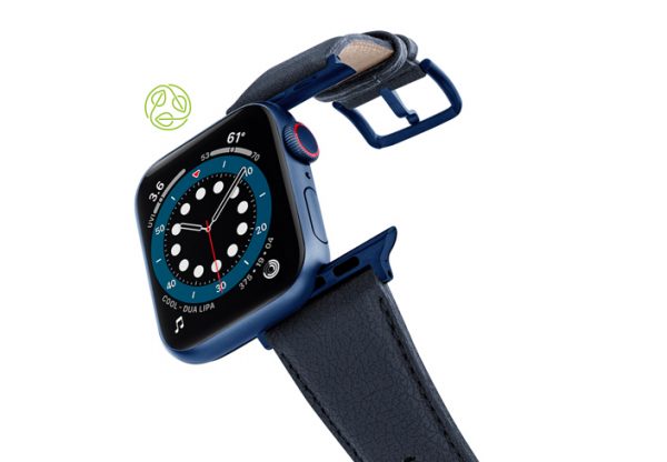 Blue_Cider-Apple-watch-vegan-leather-band-flying-view_Blue_Case-recycled-green-logo