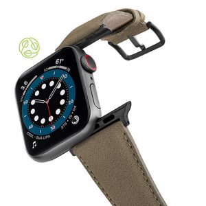 Strudel-Apple-watch-vegan-leather-band-flying-view_Space_grey_case-RECYCLED-green-logo