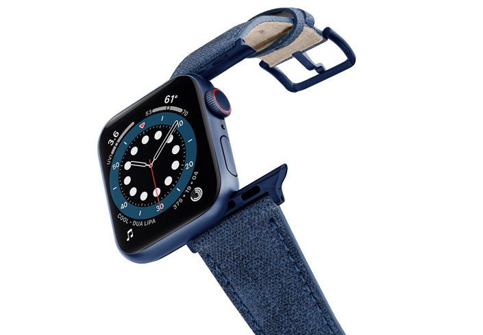 Recycled-Blue-Apple-watch-vegan-leather-band-flying-view_alluminium_Blue_Case