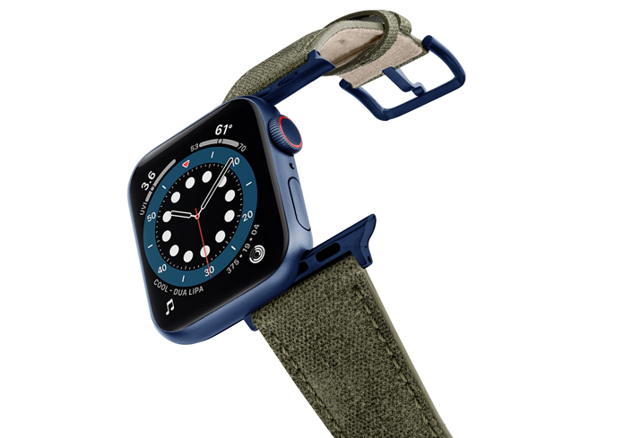 Recycled-Green-Apple-watch-vegan-leather-band-flying-view_alluminium_Blue_Case