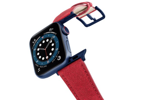 Recycled-Red-Apple-watch-vegan-leather-band-flying-view_alluminium_Blue_Case