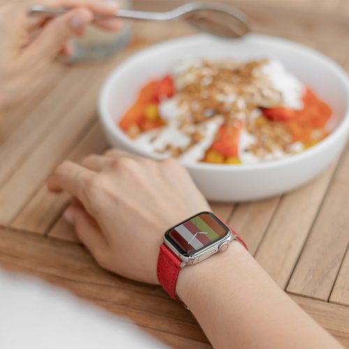 Recycled-Red-cotton-apple-watch-band-for-her-breakfast-time