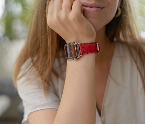 Recycled-Red-cotton-apple-watch-band-for-her-closeup