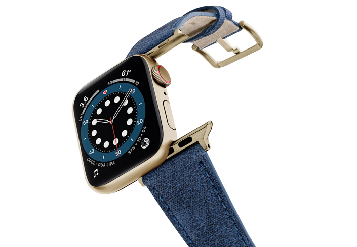 Recycled-Blue-cotton-Apple-watch-band-stainless-gold-case-flying-mode