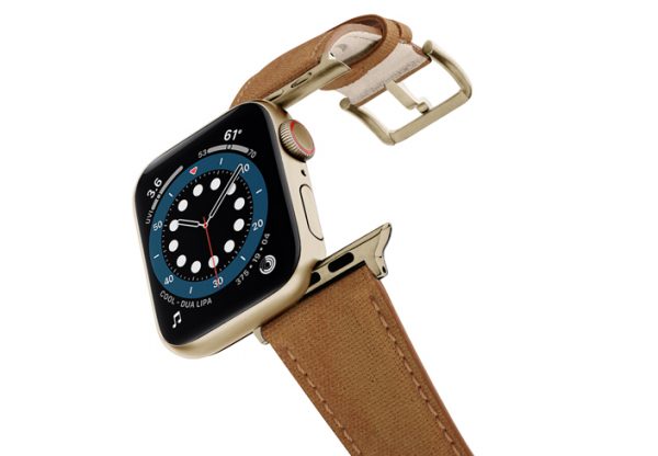 Recycled-TOFFEE-Apple-watch-vegan-leather-band-flying-view_stainless-gold_Case