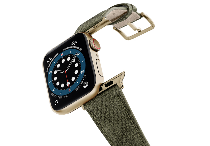 Recycled-GREEN-Apple-watch-vegan-leather-band-flying-view_stainless-gold_Case